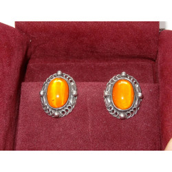 Authentic Georg Jensen Sterling Amber Cabochon Earrings 1995